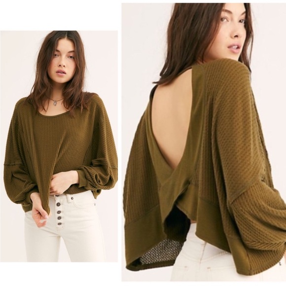 Free People Love Me Thermal Green Open Back Sweater Sz Large - Picture 2 of 8